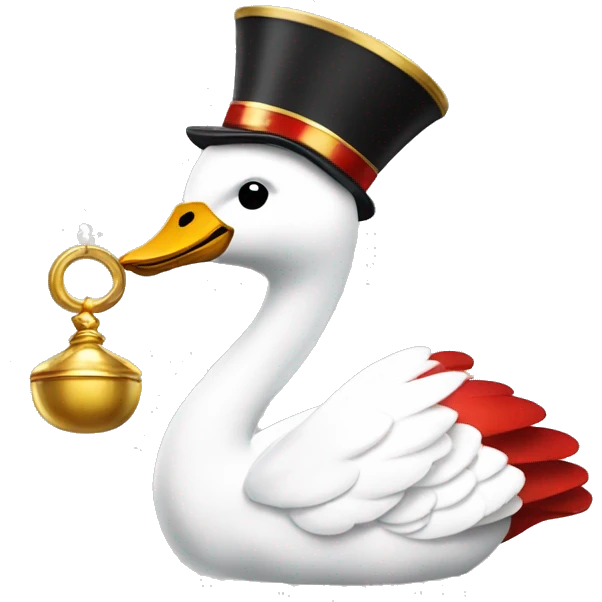A swan wearing a jester's cap in red, white and gold. It has a champagne glass in one wing and a golden bell in the other emoji