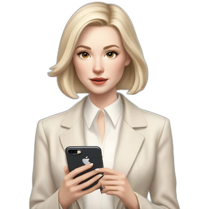 pale skin woman with ash blonde Straightened bob Hair, White Spacious classical jacket, beige palazzo Arrow pants and gray blouse holding white IPhone 14 pro in the hands emoji
