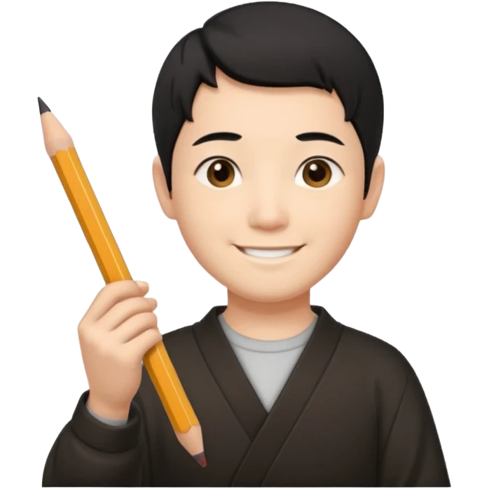 A Japanese male character with short hair, smiling, holding a pencil in his hand. emoji