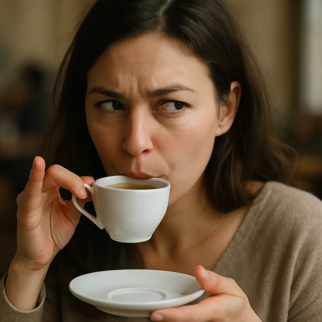 realistic woman giving side eye while sipping hot tea with her pinky up, soft focus, candid moment emoji