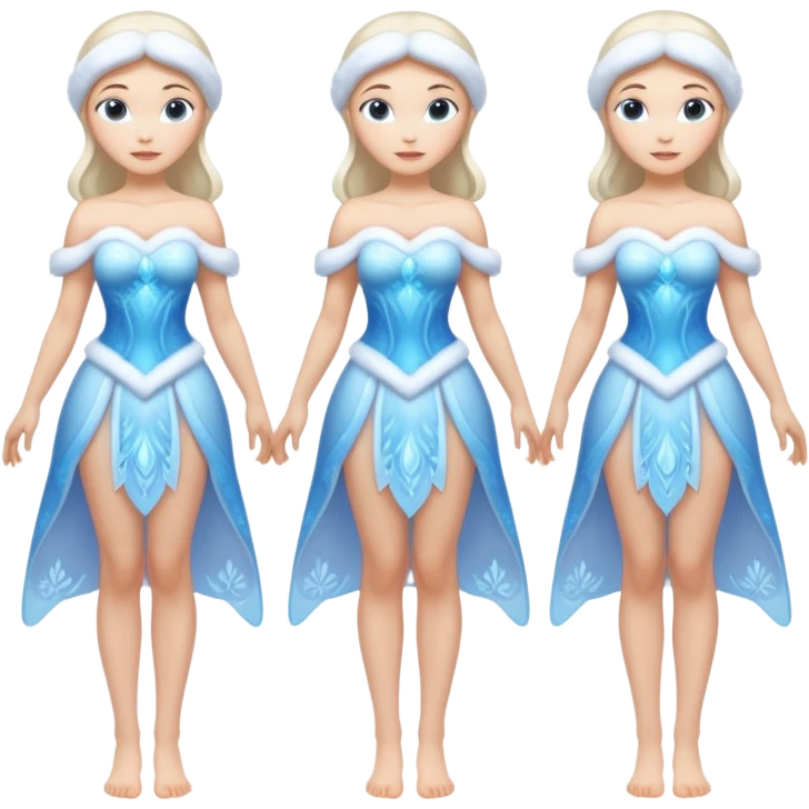 Four images of the same ice Snow Maiden character with two arms and two legs: front view, back view, side view, three-quarter view. Full body, translucent ice, winter fairy tale style, consistent design, clean anatomy. emoji