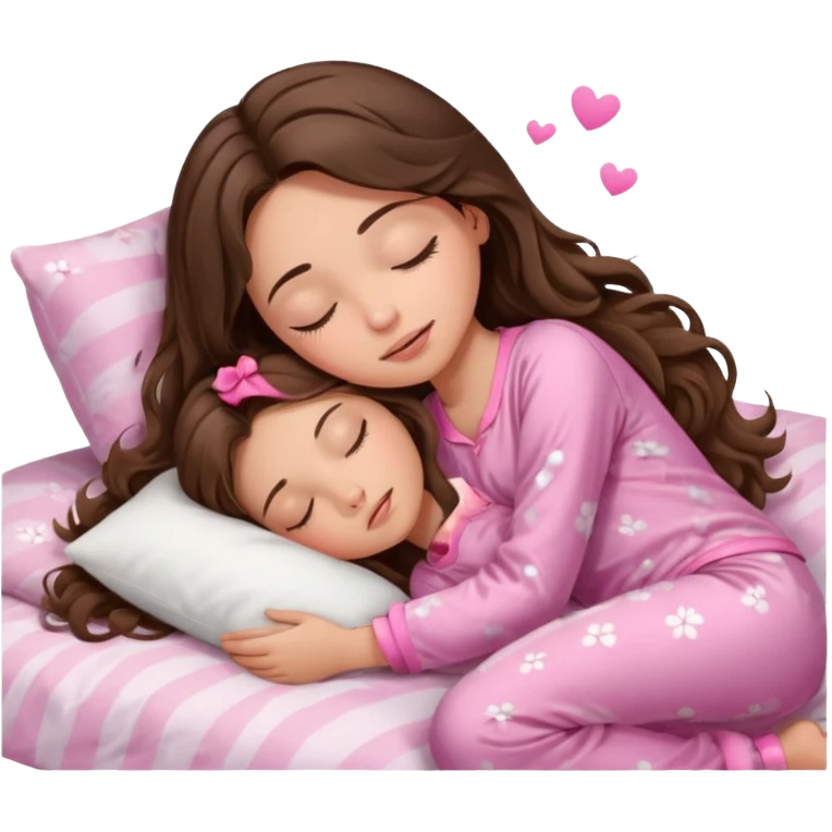 Brunette girl with long wavy brown hair with brown eyes and sleeping on a withe bed with cute pink pjs (just one whirl) and with closed eyes emoji