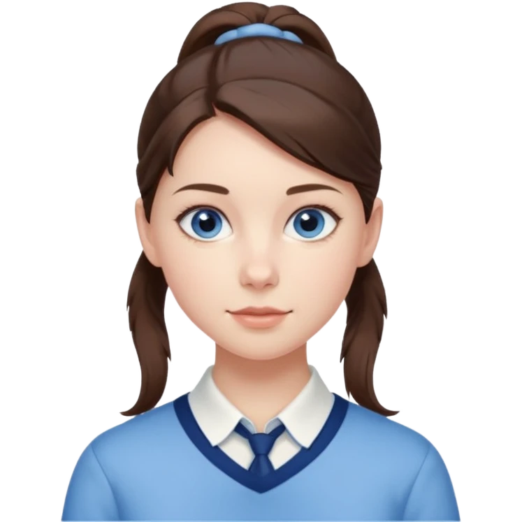 Realistic Student Portrait, with porcelain-like skin featuring a natural rosy flush, illuminated by soft lighting that highlights the gentle contours of her face. Her Brunette pony tail hair flows in soft, Her deep blue eyes radiate warmth and innocence,  wear light blue preppy style. emoji