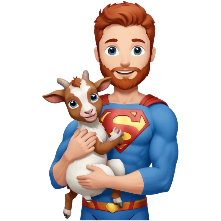Full body Adult Superman Blue Eyes Scruffy Redish hair and redish trimmed Beard Muscle happy holding a blue haired happy baby goat emoji