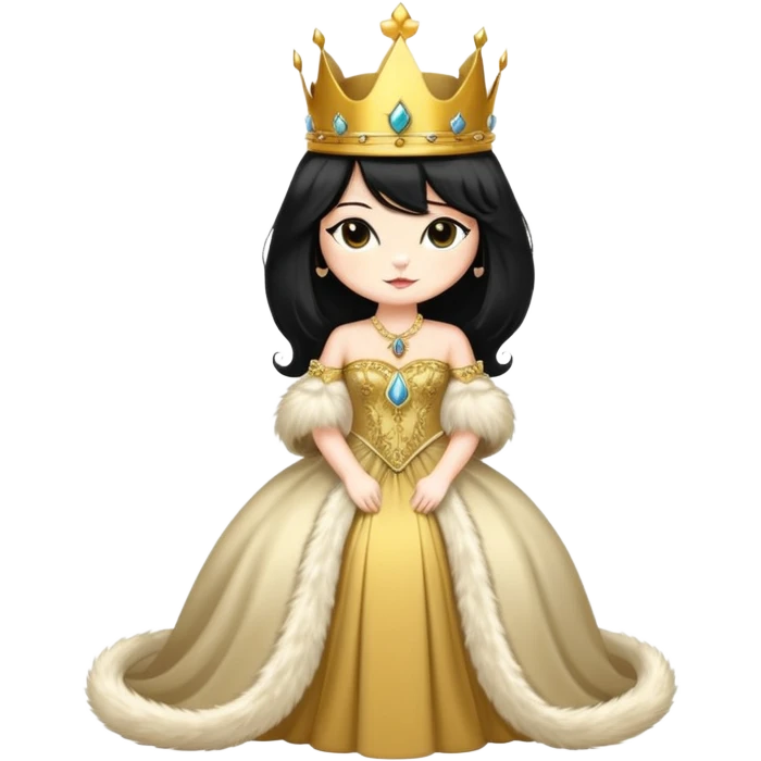 regal cat wearing a crown and elegant dress, long black wig emoji
