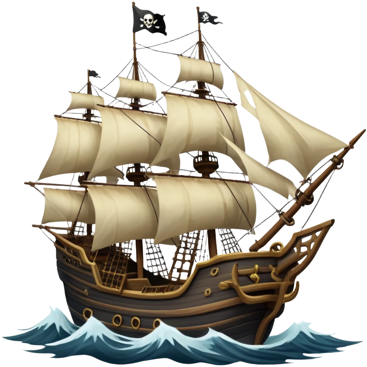 An icon representing an adventure game, inspired by high-seas exploration. The design features a fearless pirate gripping the wheel of a grand sailing ship, its tattered Jolly Roger flag billowing as it cuts through stormy waters. The scene evokes danger, treasure, and the thrill of the open sea. Transparent background. emoji