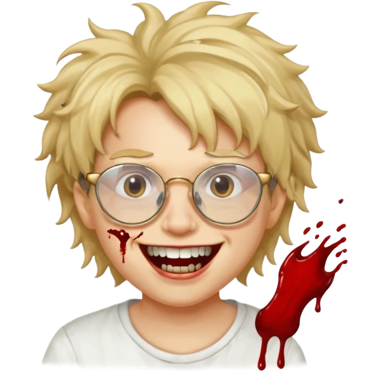Cabelo bagunçado com oculos sorrindo com metade do rosto com dente de ouro e saindo sangue da boca  emoji