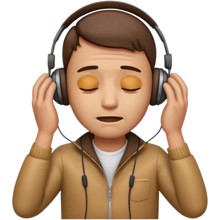 Male emoji with head phone holding both hands listening looks like sad looking down crying and closed his 🫩 only head emoji emoji