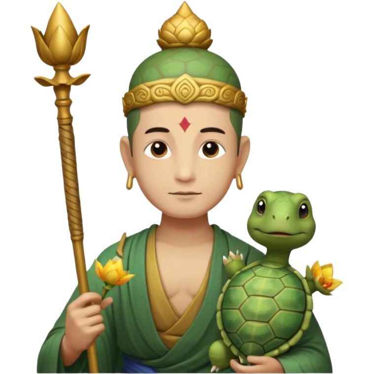 man with turtle head, scepter, buddhism, lotus emoji