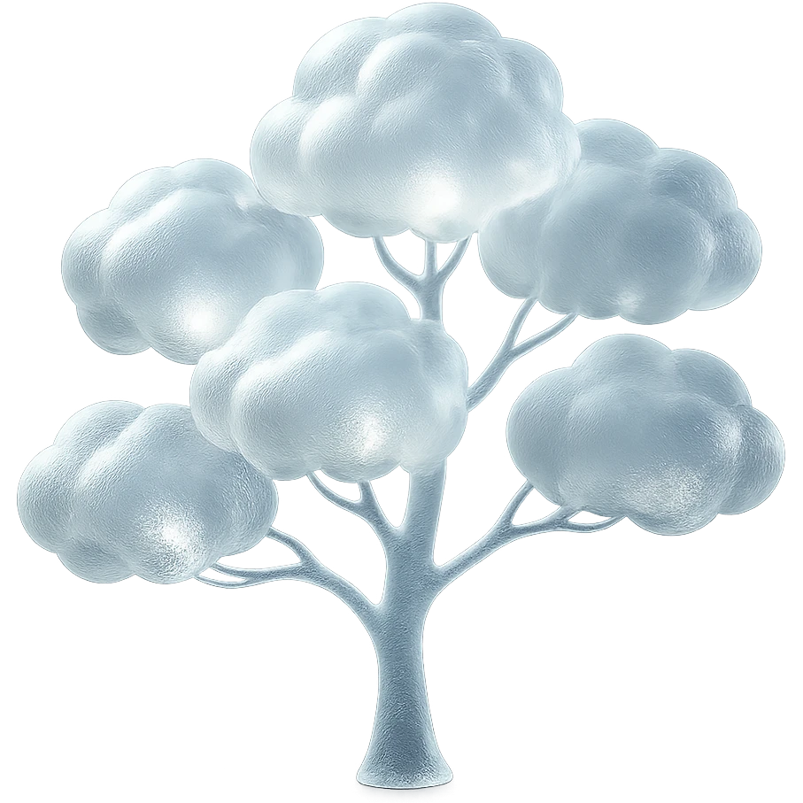 one tree with many branches and a white trunk, crown made of small very bright white fluffy convex clouds, matte glass style emoji