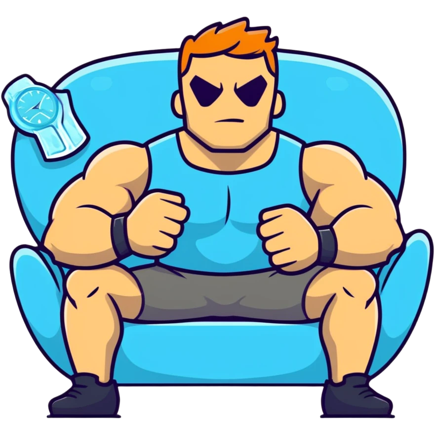 muscular bodybuilder relaxing on a sofa with ice on arms, watch showing 48 hours, recovery and relaxation atmosphere, cartoonish sticker style emoji
