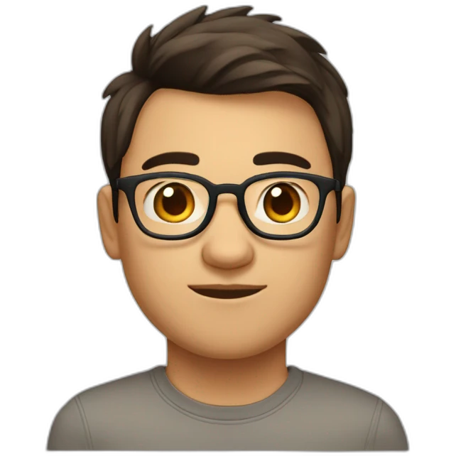 handsome huge eurasian boy wuth glasses, shorter brown cut, kinda round face emoji
