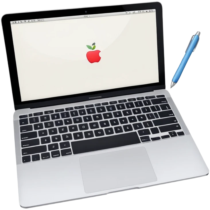 top view of a MacBook and a notebook with a pen nearby emoji