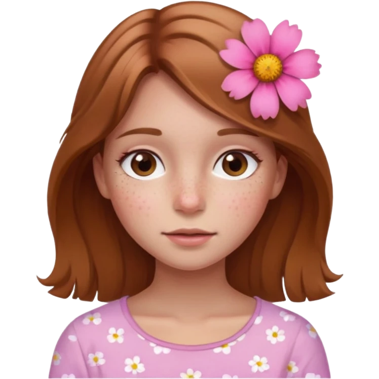 Girl with With light brown hair and a summer pink flower on her head and freckles emoji