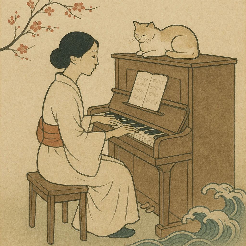 woman playing piano while her cat sits on top of the piano emoji