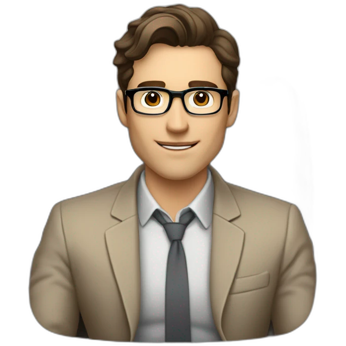 Pale skinned Fit Man With dark brown hair in gray jacket, beige office shirt, Brown pants and vintage glasses sitting In a soft chair with a notebook on spring with emblem Ψ and a pen emoji