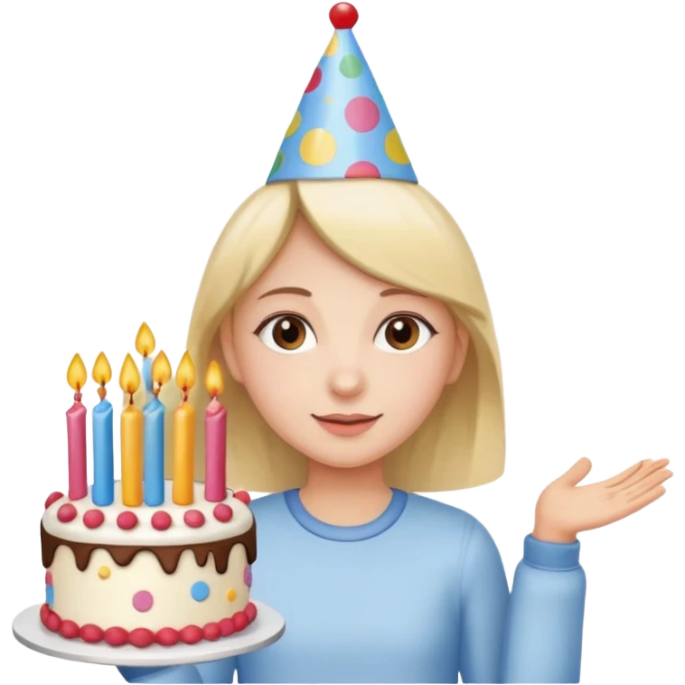 a girl wearing a birthday cap with a cake in front emoji