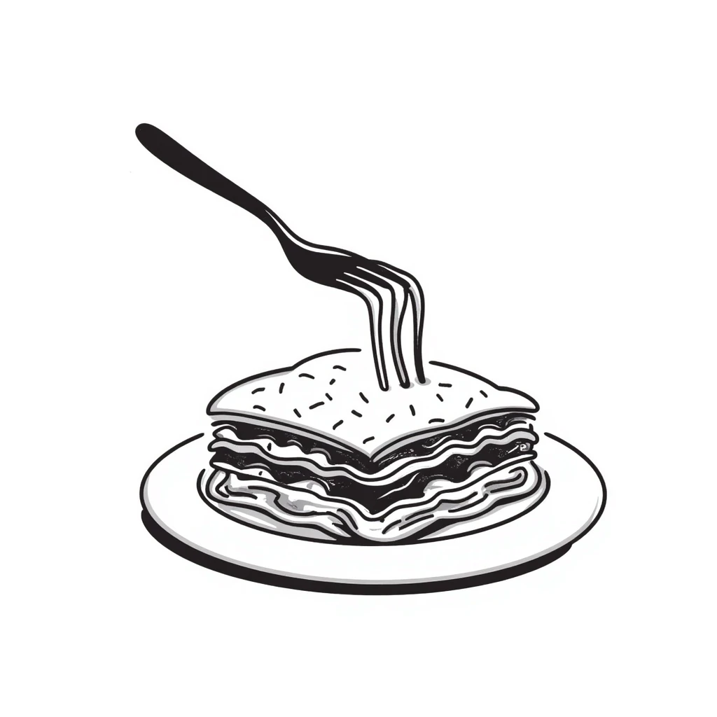 A hand-drawn plate of lasagna with a fork taking a bite, showing the layers emoji