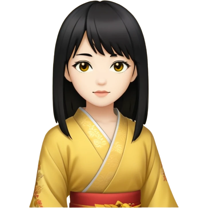 Fair-yellow skin, dark brown eyes, long black hair cut into layers, Japanese-style side-swept bangs, likes to dance.  emoji