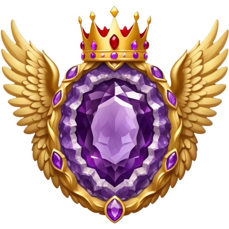 Big amethyst geode with red rubby dots inside award-in-frame-decorated-with-big-golden-angel--wings and crown emoji