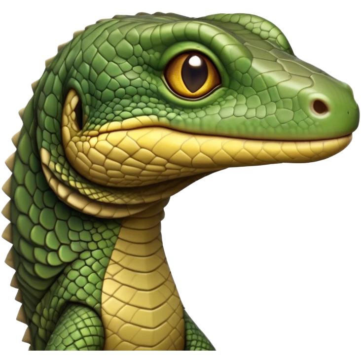 cinematic-realistic-cute-monitor-lizard-portrait-emoji,-head-tilted-playfully-and-inquisitively,-featuring-a-compact,-agile-body-with-finely-detailed,-glossy-scales-in-earthy-olive-hues-and-a-distinct,-alert-face-with-bright,-curious-eyes, yellow and dark green scales emoji