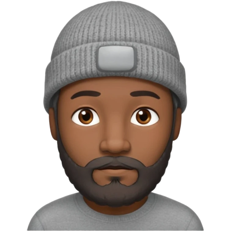 A dark-skinned, oval face shape with soft rounded chin. man with a gray beanie, brown eyes, and a dark gray beard, wearing a calm expression. emoji