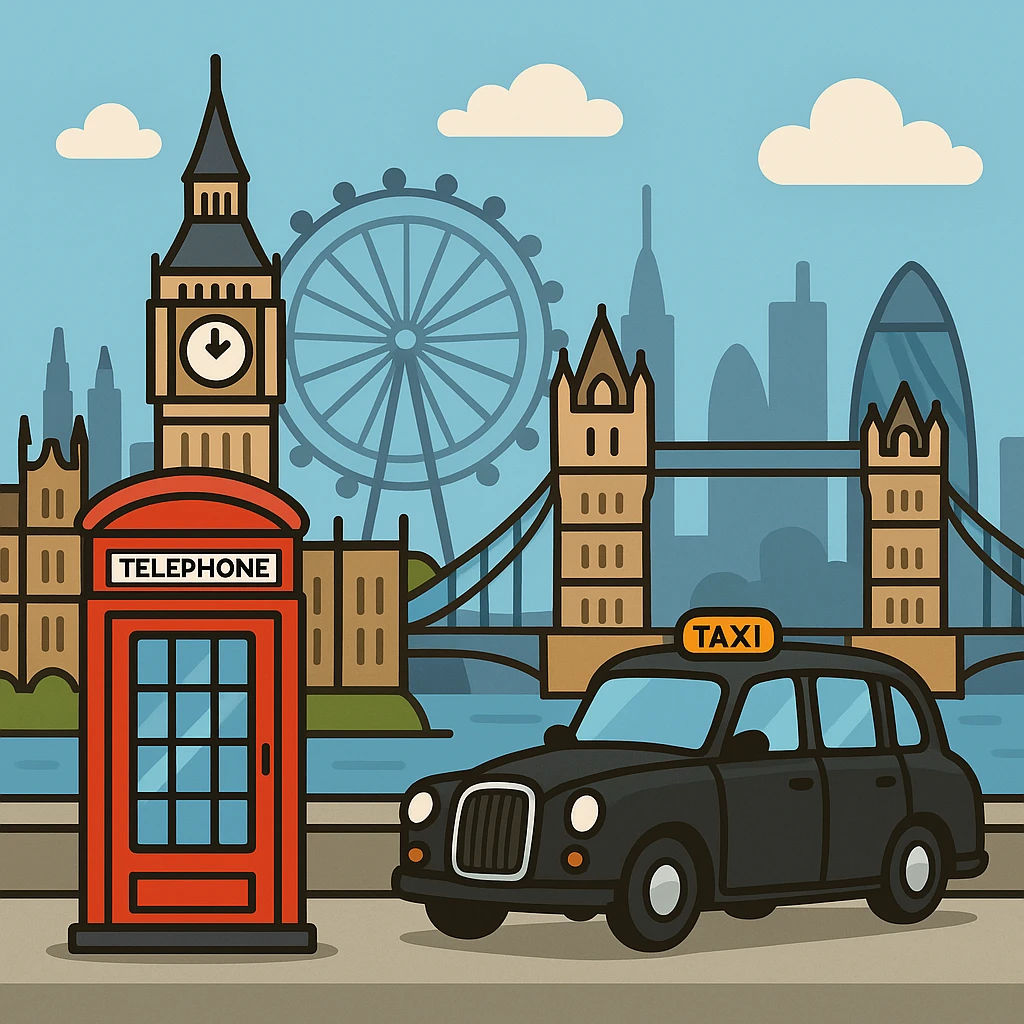 flat toon style London skyline with red phone booth and black cab emoji