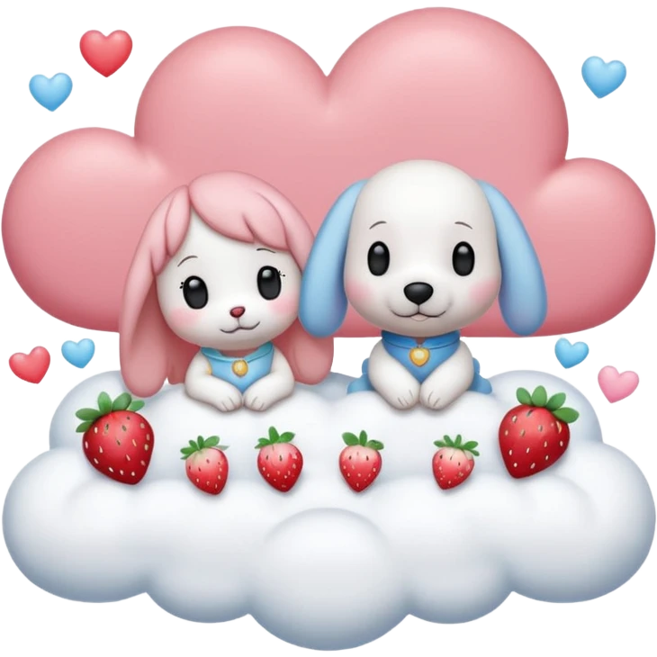  Couple DP in AI emoji style with Cinnamoroll and Snoopy. Both wear strawberry-themed accessories, sitting together on a pastel pink cloud with hearts, sparkles, and strawberries around. Cute, soft, and romantic vibe. emoji