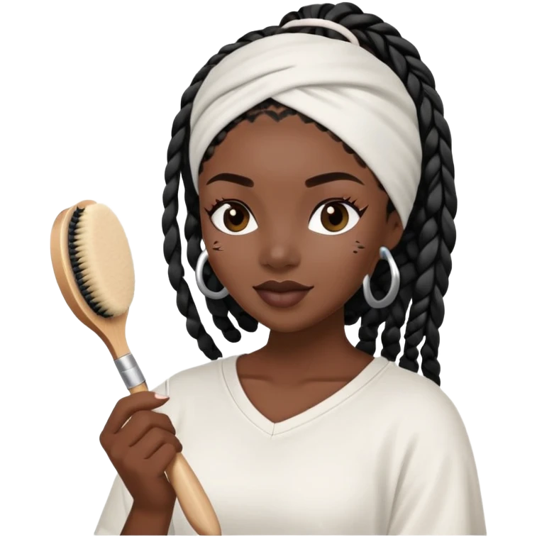  A dark-skinned Black woman with black box braids, wearing a headband, applying a face mask, holding a skincare brush. emoji