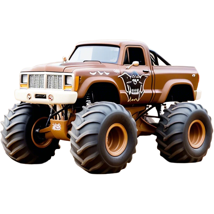 Monster Mutt - Monster Jam (Model Year: 2021) (Iconic colour: Brown with dog features) - A unique monster truck with playful, dog-inspired design cues. The vehicle is painted in warm brown tones and features subtle dog motifs (such as a stylized snout or ear shapes). It should blend the rugged power of a monster truck with quirky, endearing canine features. emoji
