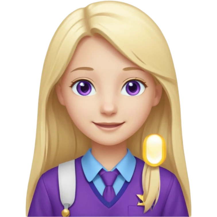 A pale girl with light blue eyes and long and blonde straight hair , smiling wearing a purple school uniform  emoji