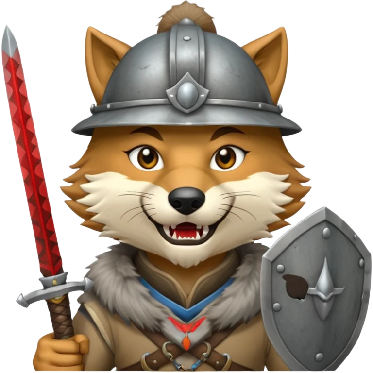 wolf face, mogolian ancient hold small sword front and steel helmet emoji