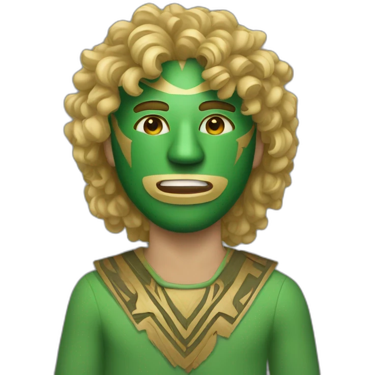 A man wearing a green wooden tribal mask with medium length blonde curly hair emoji