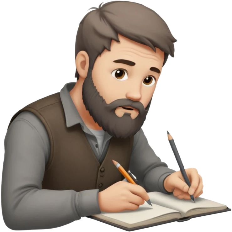 Bearded man  drawing boy character with charcoal in sketchbook emoji