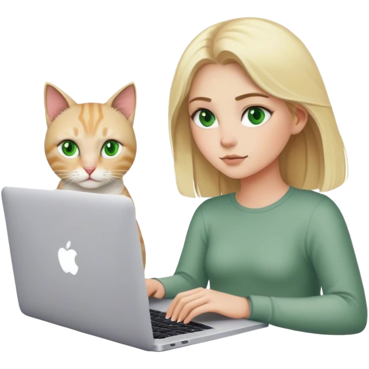 Blonde girl green eyes with apple MacBook and a cat emoji