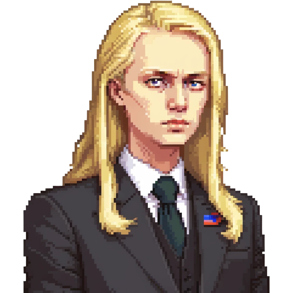 Russian politician with serious face, blonde hair, in dark suit emoji