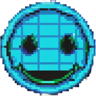 smiley face emoji in pixel art style with 80's Tron neon colors and grid emoji