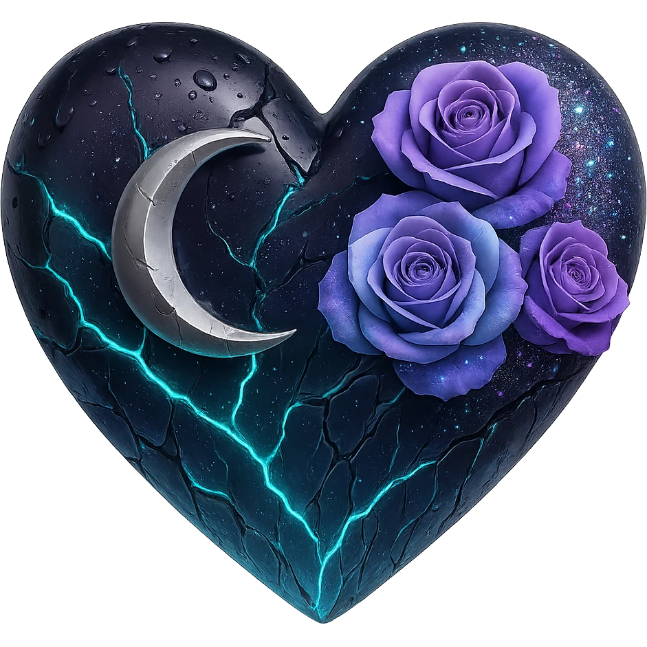 Create a gothic heart made of aurora glass with a silver crescent moon, gradient roses, holographic stardust, neon teal lightning, drenched and splintered glass. The style should emulate the 3D emoji style but since 3D emoji style does not support editing, use a general style that captures the look and feel of 3D emoji style. The background should be transparent. emoji