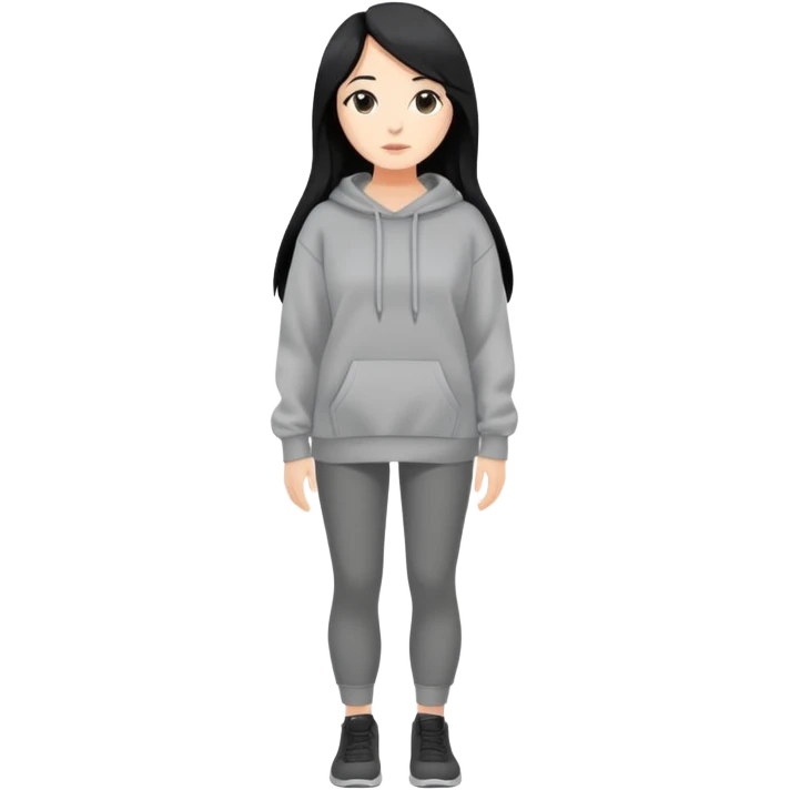 full-body female avatar, flat vector, long black hair, oversized sweatshirt, neutral background emoji