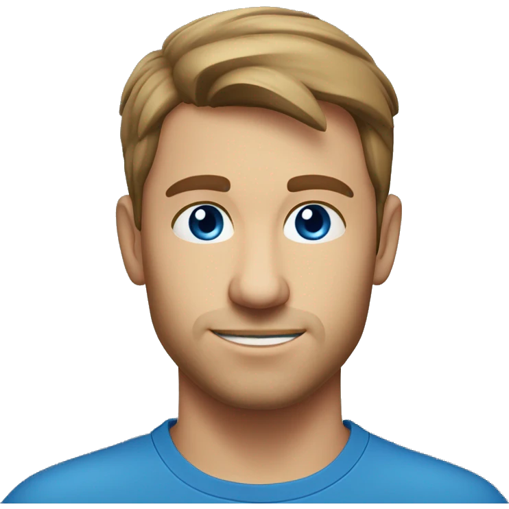 A head and shoulders shot of a 31 year old Caucasian man, with short brown hair,   with blue eyes wearing a t-shirt. emoji