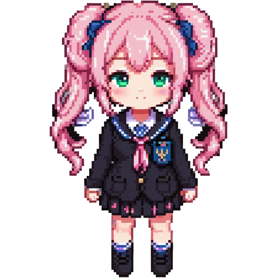 Pixel art anime girl with pink twin tails and school uniform, cute chibi style emoji