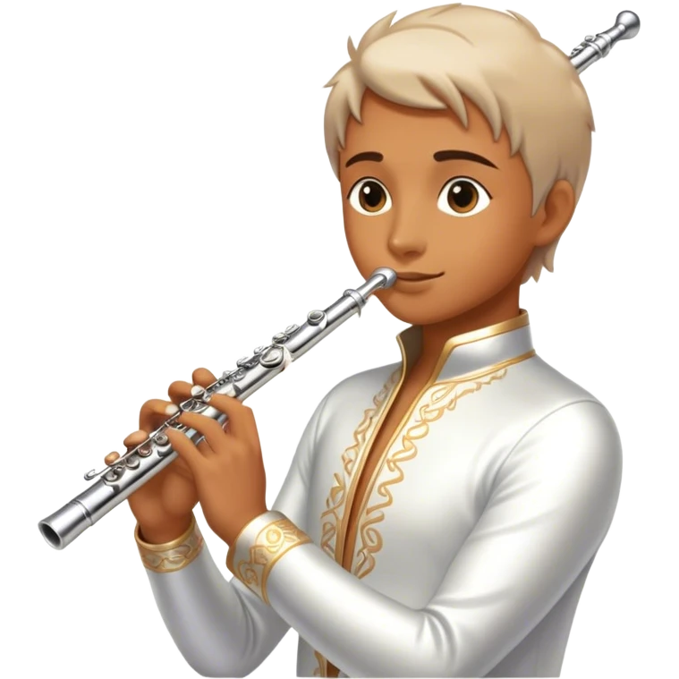 Cinematic Realistic Flute, polished silver metal with precise keywork, warm golden reflections dancing along its surface, soft hands carefully positioned over the keys, glowing with an elegant and airy charm. emoji