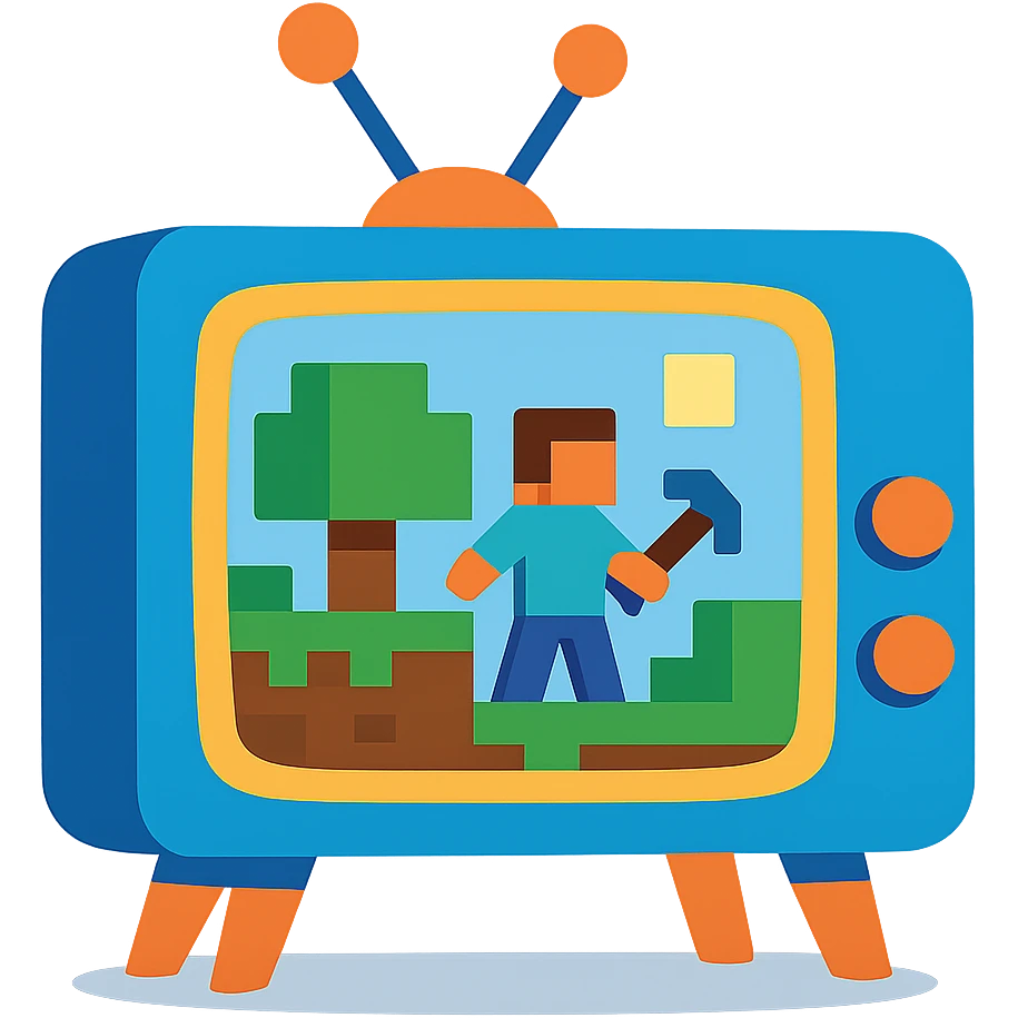 blue television with Minecraft gameplay visible, modern and colorful emoji