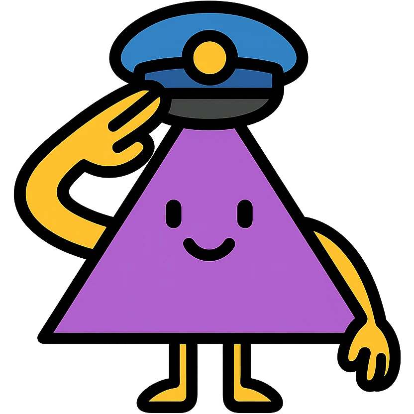 A magical isosceles triangle that is smiling and saluting with a cap emoji