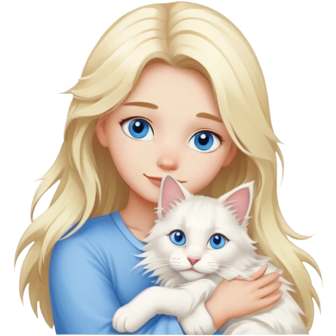 blonde girl blue eyes hugging a white Maine Coon emoji