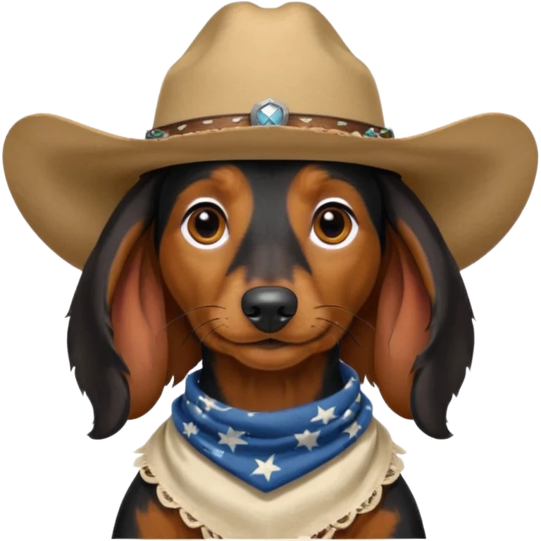 mostly black with some brown long hair daschund with a cowboy hat, ears curl out a bit and bandana emoji