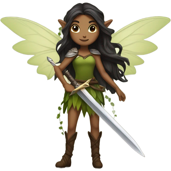 Female forest fairy, wings, pointed elf ears, long dark hair, brown skin, vines, holding medieval sword emoji