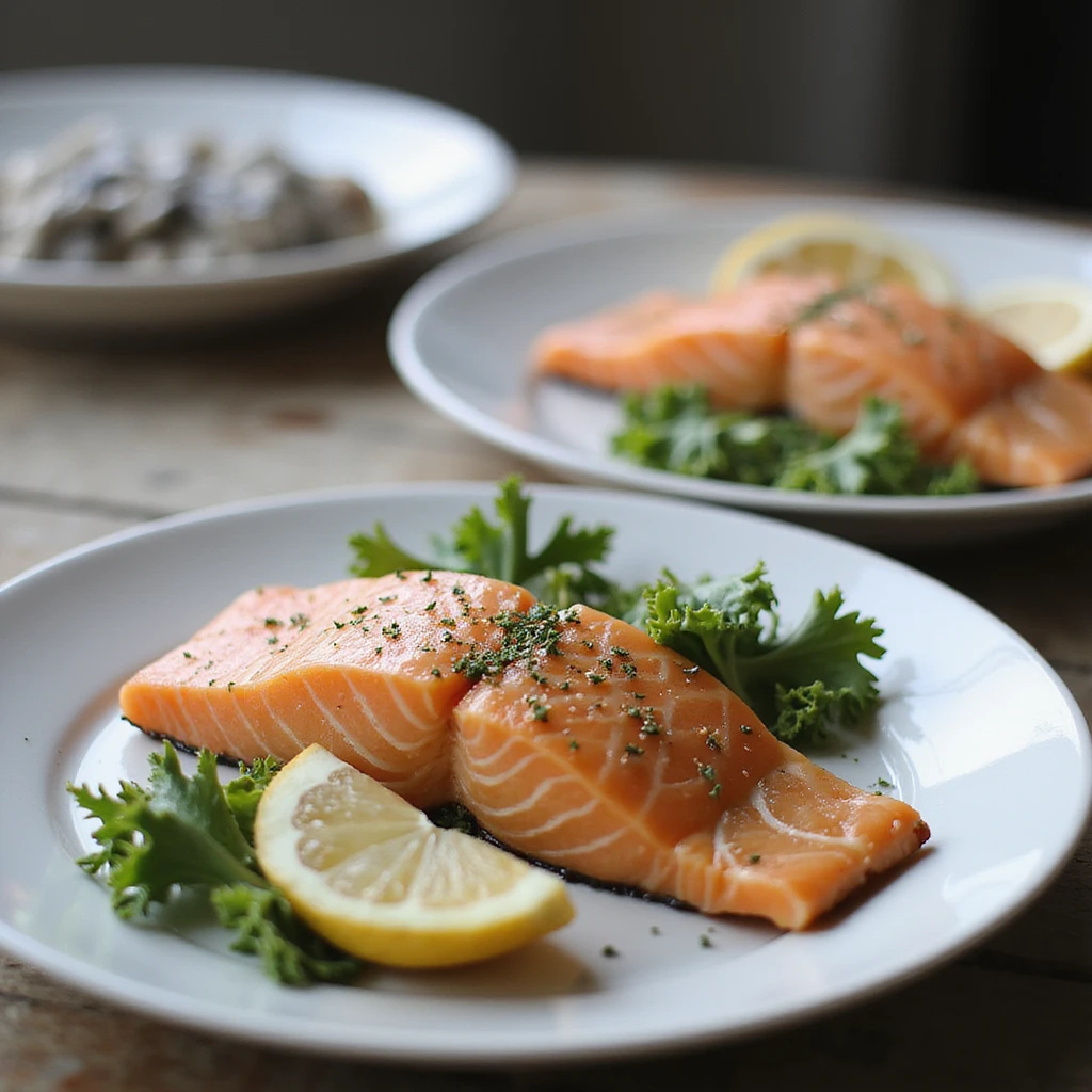 gray salmon and orange salmon served on identical plates, with neutral side dishes to highlight the color of the flesh, photographic style, 4K resolution emoji