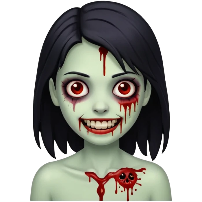 white girl zombie with black hair and blood, creepy smile emoji
