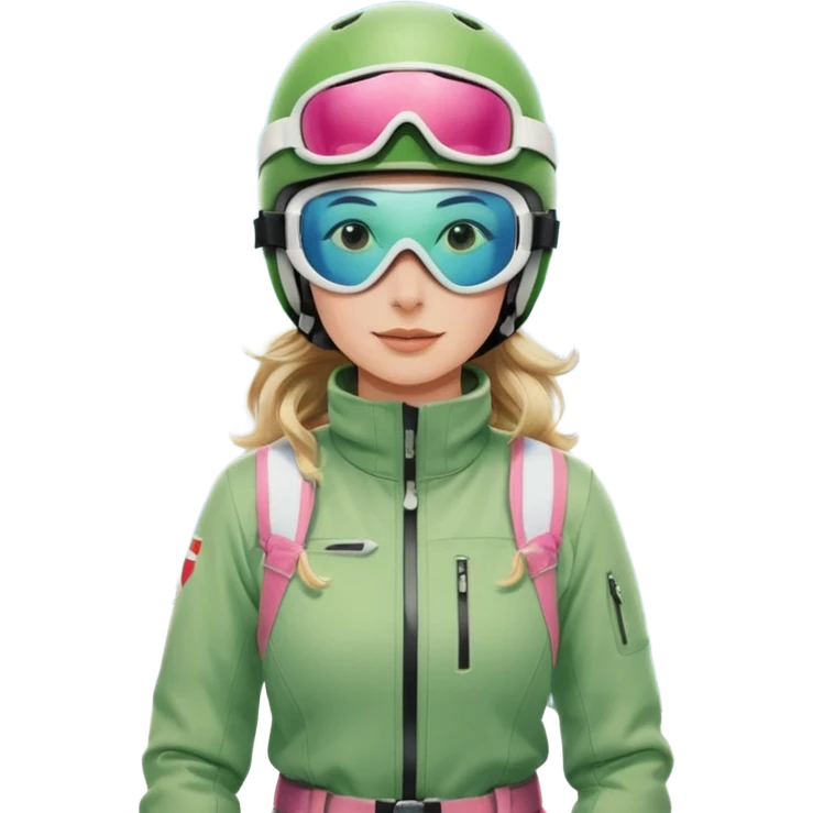 Woman, skiing, White helmet, rosa goggles Green Jacket, green trousers, blue skibackground Matterhorn emoji